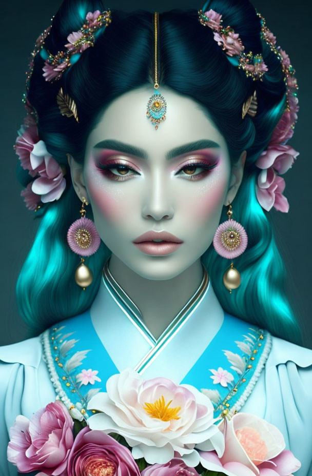 Portrait of Woman with Turquoise Hair and Floral Adornments