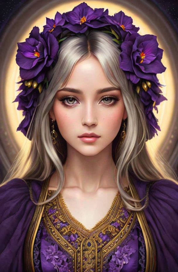 Digital Artwork: Woman with Silver Hair, Purple Flowers, Golden Earrings, and Embroidered