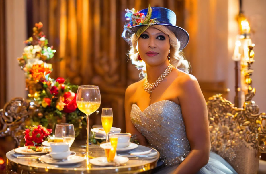 Sophisticated woman in sparkly dress at lavish dining table