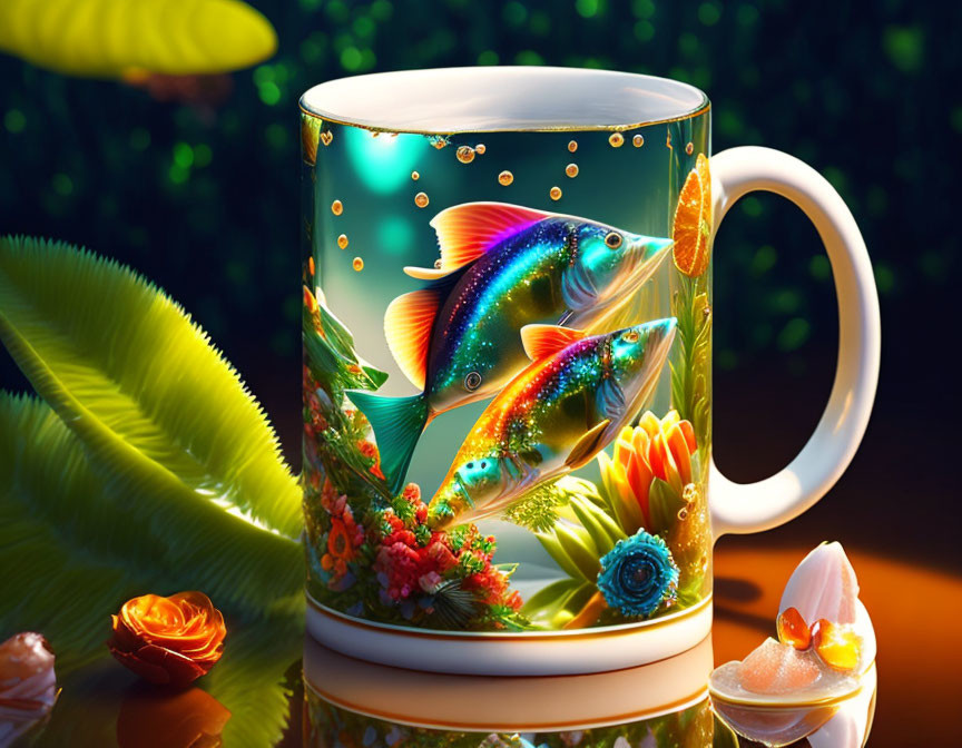 Colorful Fish and Floral Design Mug in Lush Greenery