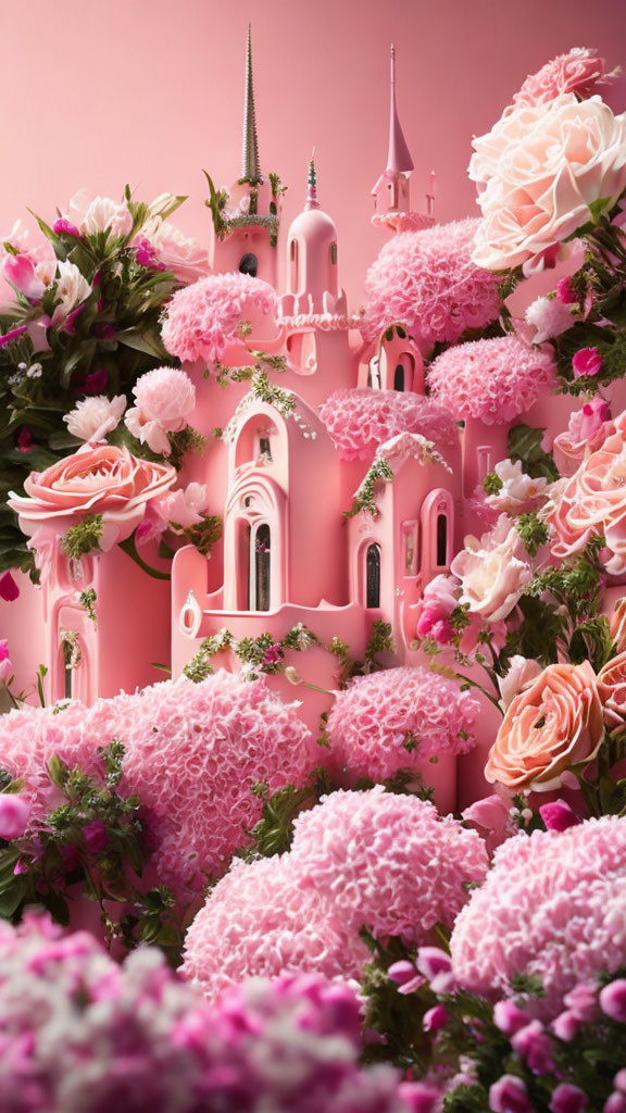 Pink Castle Surrounded by Lush Flowers on Soft Background