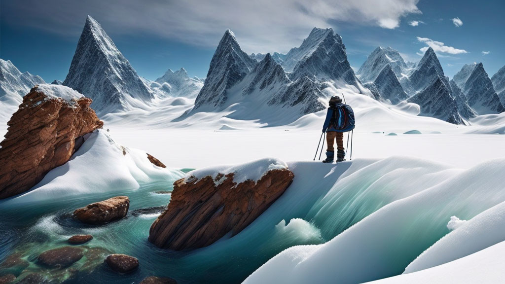 Snowy Landscape with Sharp Mountains and Hiker in Clear Blue Sky