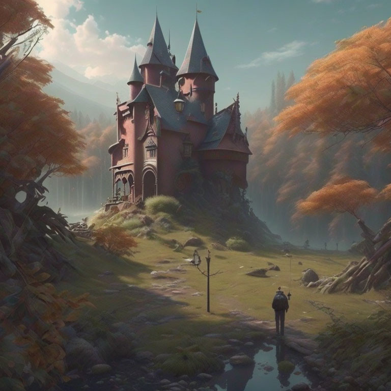 Whimsical castle with spires in autumn landscape and person on path by stream