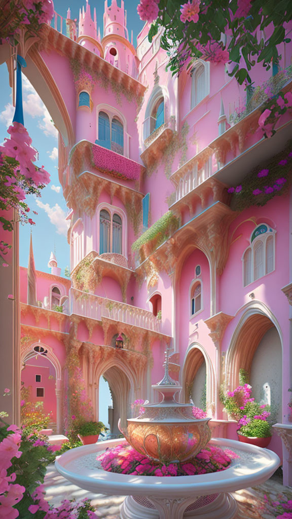 Pink castle with towers, ivy, vines, and fountain under blue sky