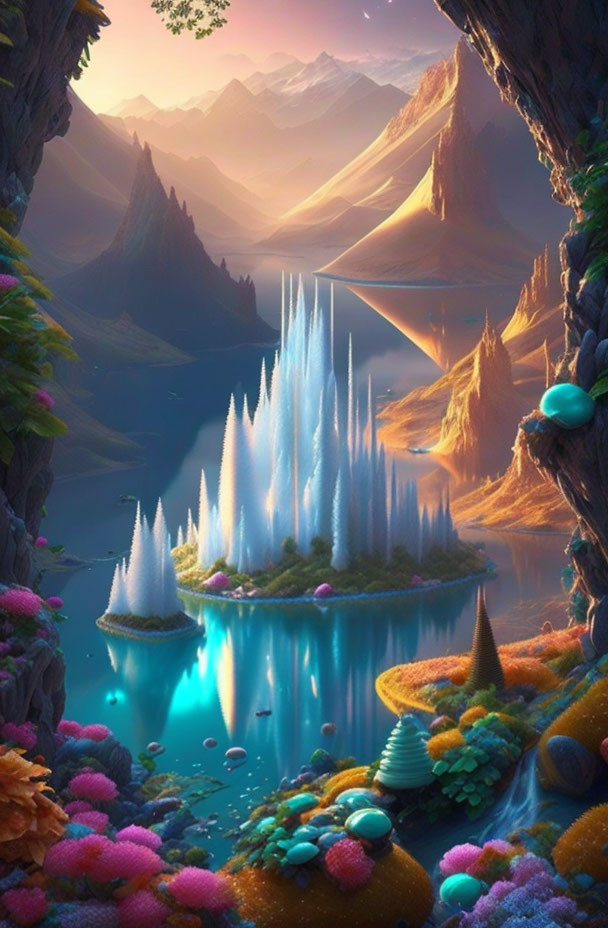 Vibrant flora, serene lake, waterfalls, floating island, majestic mountains