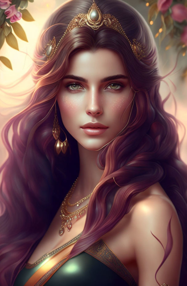 Illustration of woman with long wavy purple hair and golden accessories in floral setting