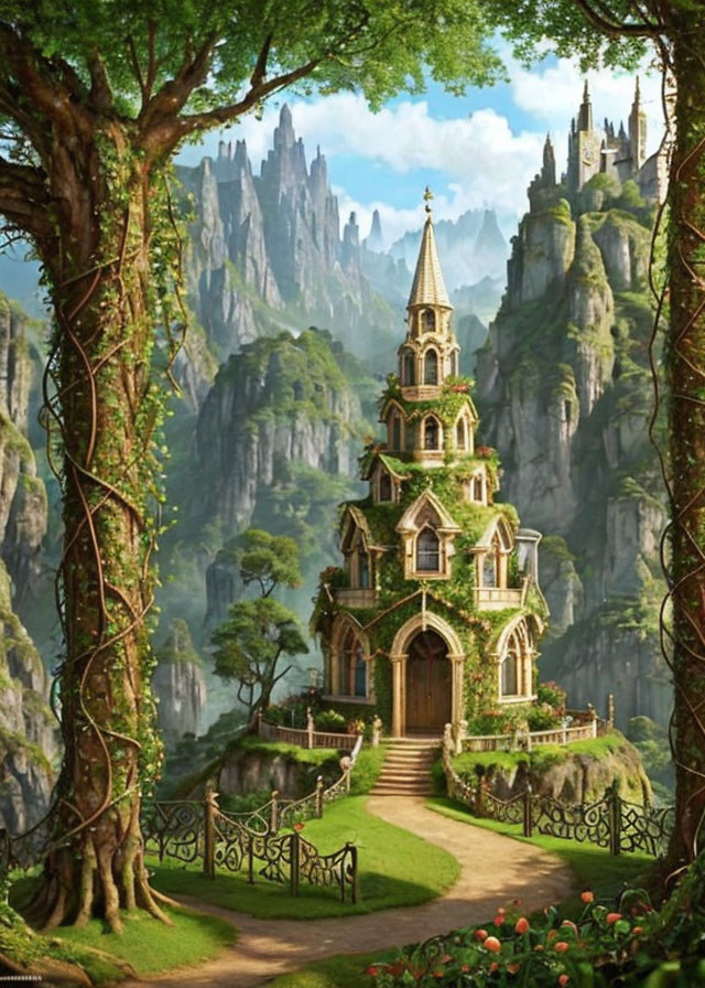 Fairytale Cottage with Spire in Forest Clearing