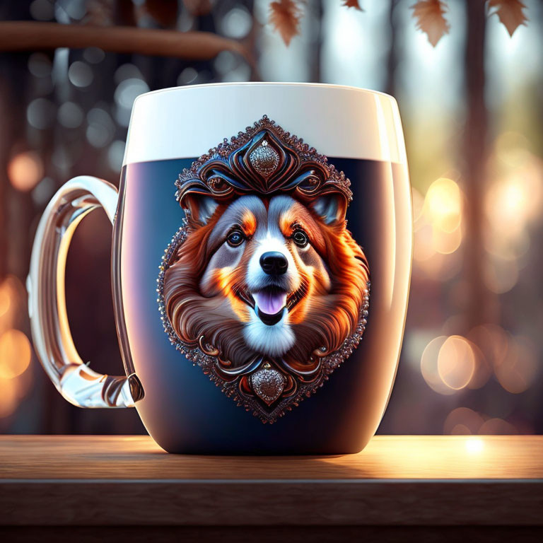 Decorative dog portrait mug on wooden table with forest background