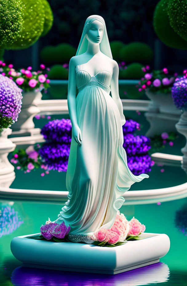 Digital artwork: Serene female statue on water platform with lush greenery and vibrant flowers