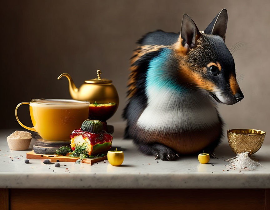 Corgi-bodied creature with fox face in tea-time setting