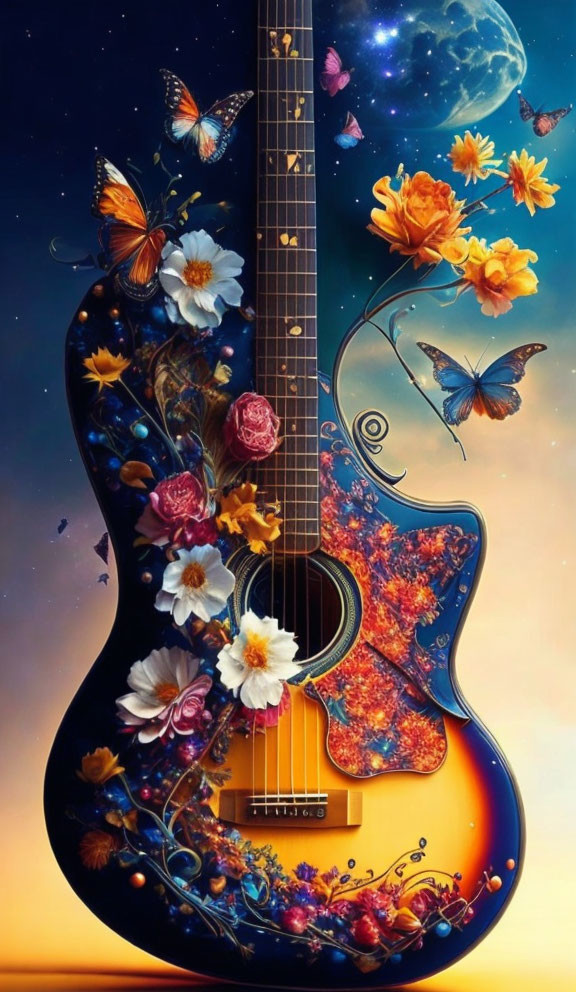 Colorful Guitar Artwork with Flowers, Butterflies, Stars, and Moon