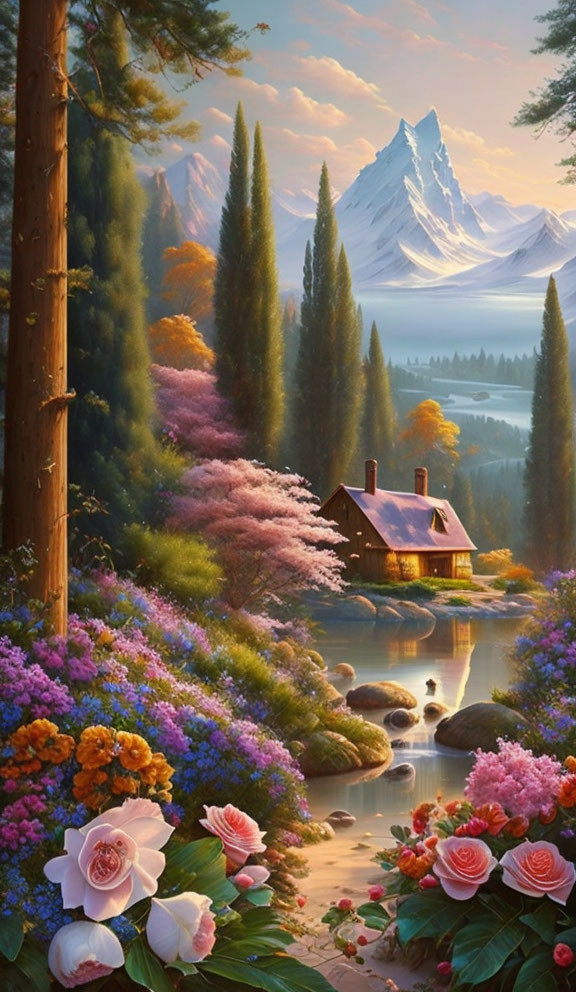 Tranquil cottage by river with colorful flowers and snowy mountains