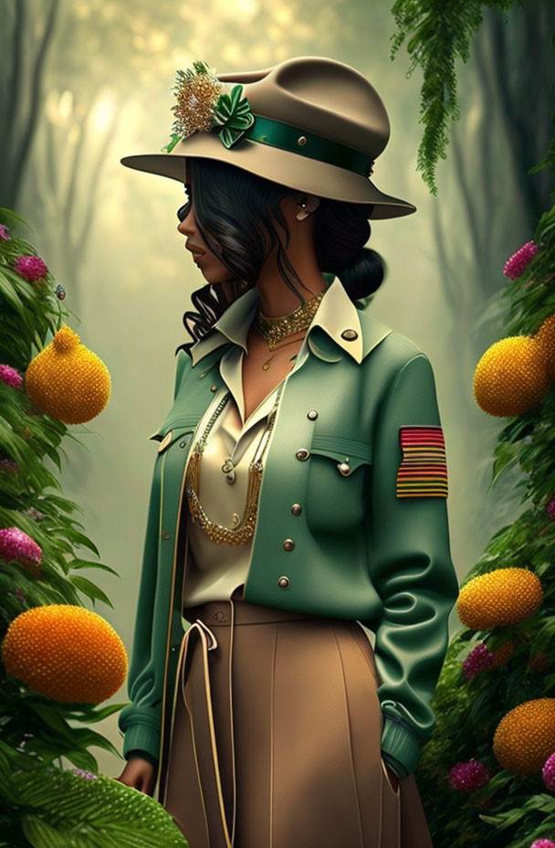 Woman in Stylish Green Jacket and Hat in Misty Forest with Yellow Fruit and Pink Flowers