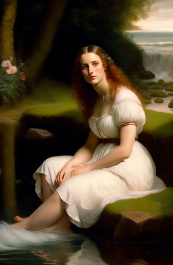 Tranquil painting of woman by stream in white dress