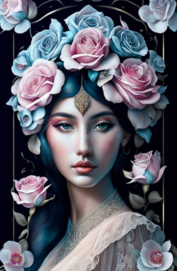 Digital artwork of woman with blue and black hair, pastel roses and jewelry, mystical aura on dark