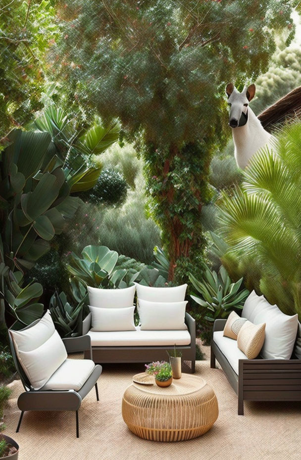 Modern Outdoor Patio with Greenery and Curious Dog