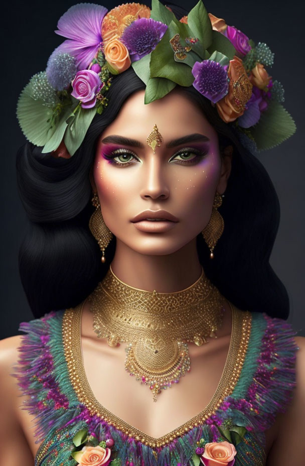 Vibrant makeup and floral headpiece on digital woman artwork