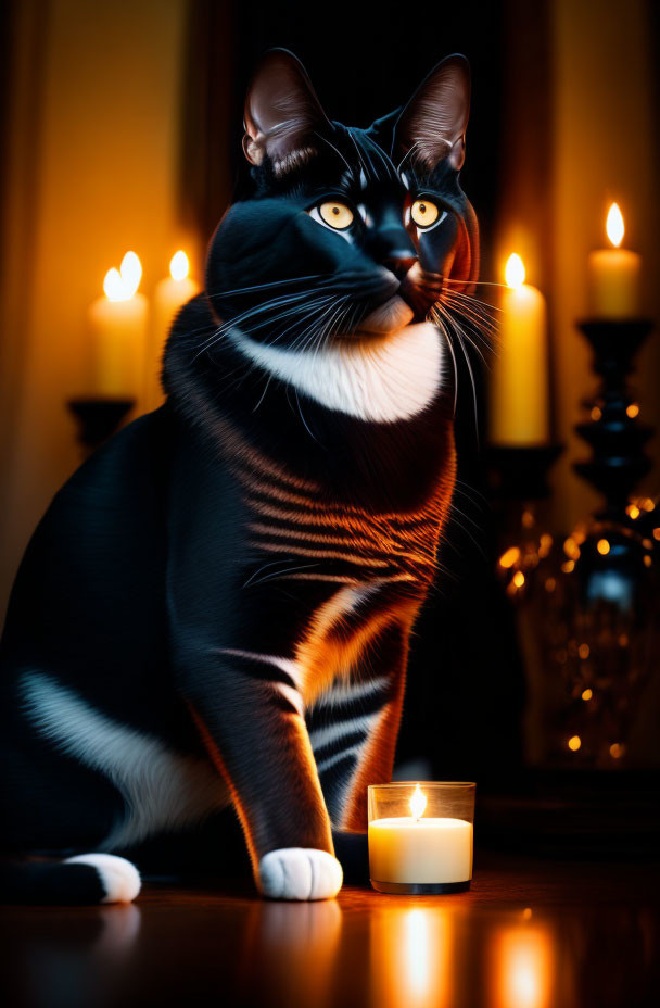 Black and white cat with unique markings in cozy candlelit setting