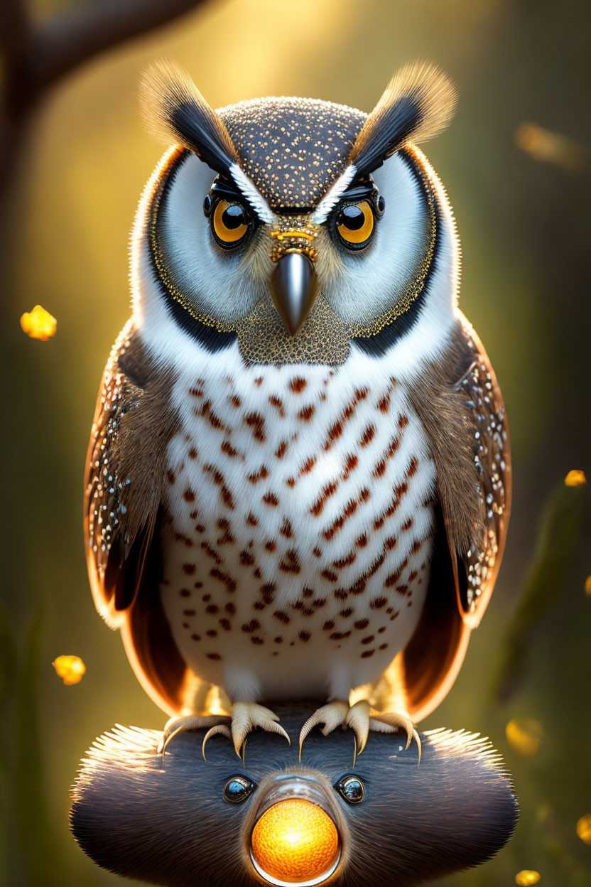 Detailed illustration of a stoic owl with yellow eyes on warm bokeh background