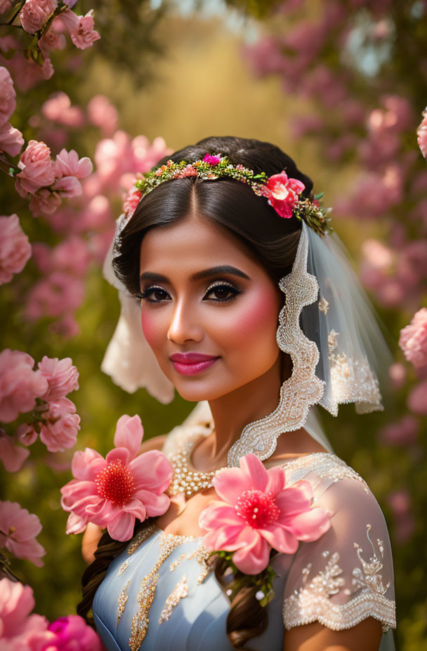 Bride in floral crown and veil surrounded by pink blossoms against blurred natural backdrop