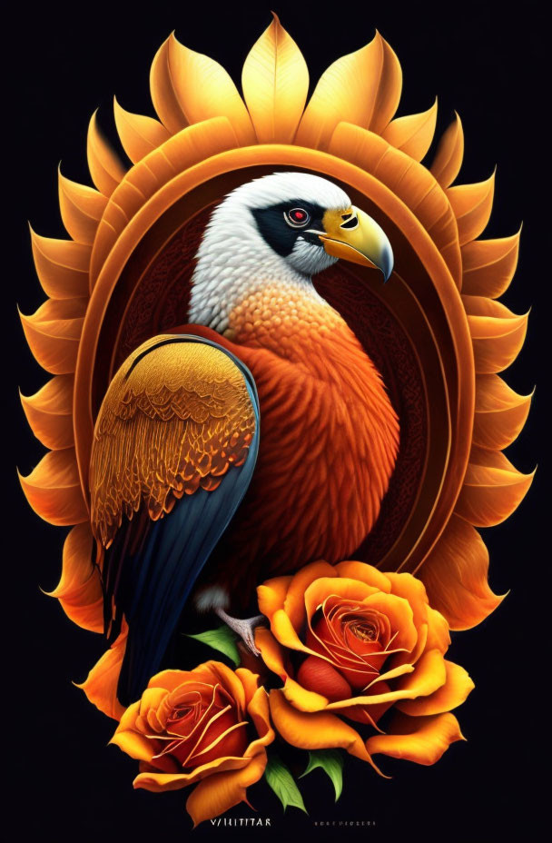 Illustrated eagle with golden petals and roses on black background