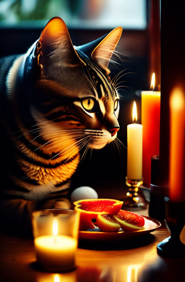 Striped cat near candles and fruit in warm setting