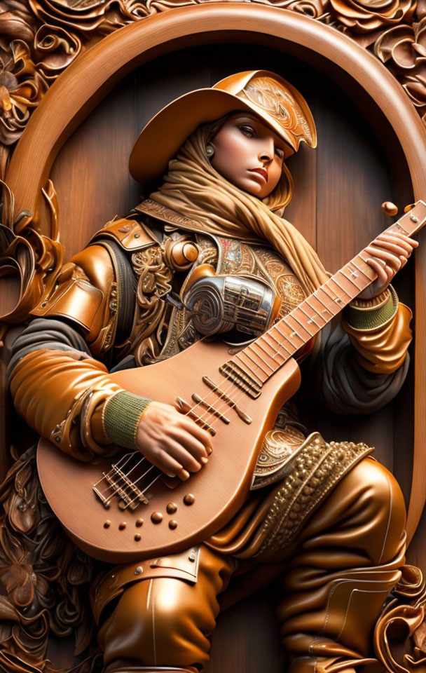 Detailed 3D artwork of figure in golden armor playing lute