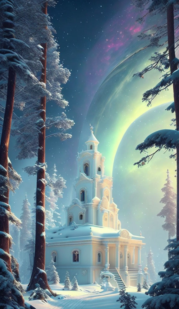 Snowy Church Scene with Illuminated Trees & Starry Sky