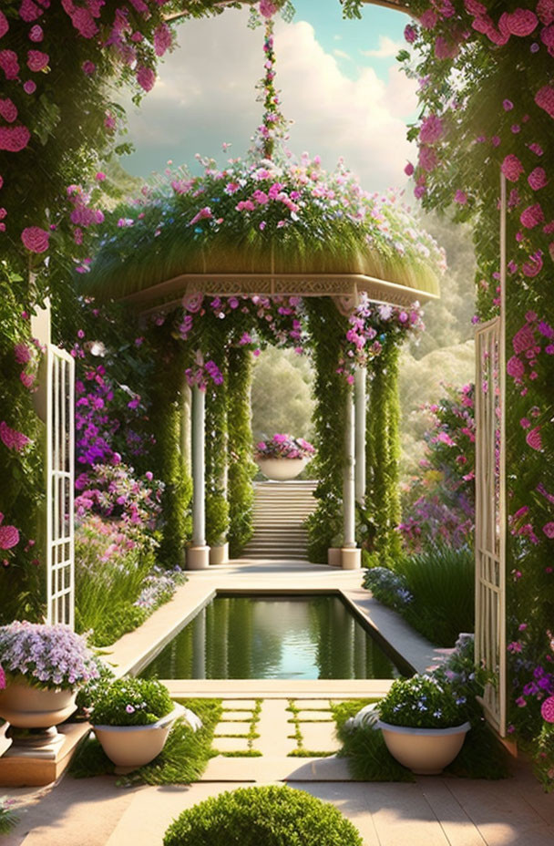 Tranquil garden pathway with arches, hanging flowers, gazebo, and pond