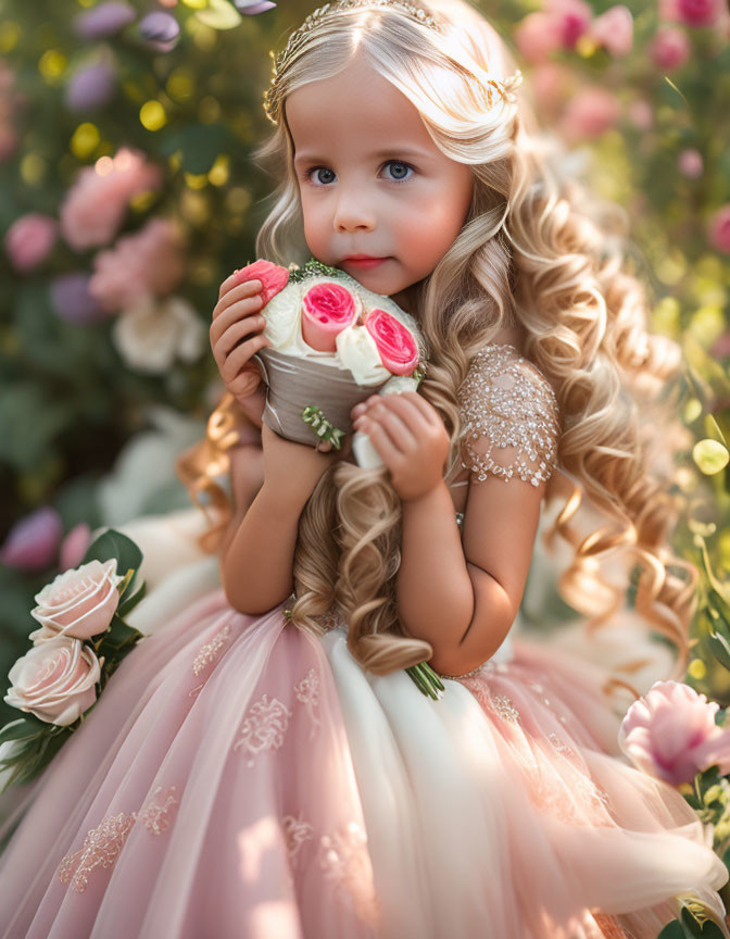 Blonde girl in pink dress with crown holding roses in flower setting