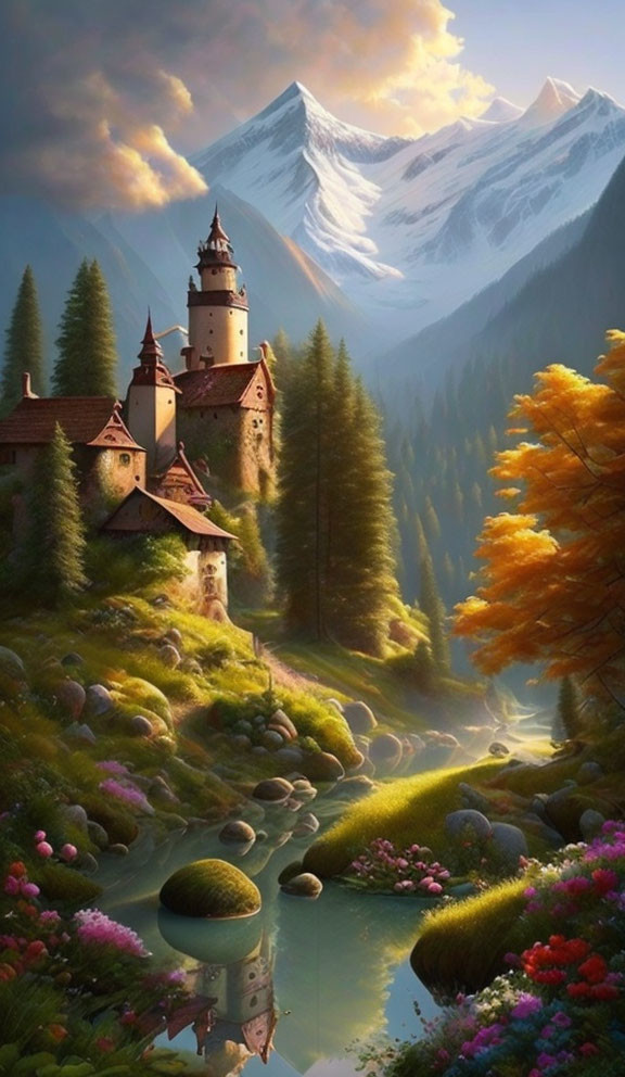 Castle in lush forest with river, mountains, and vibrant foliage