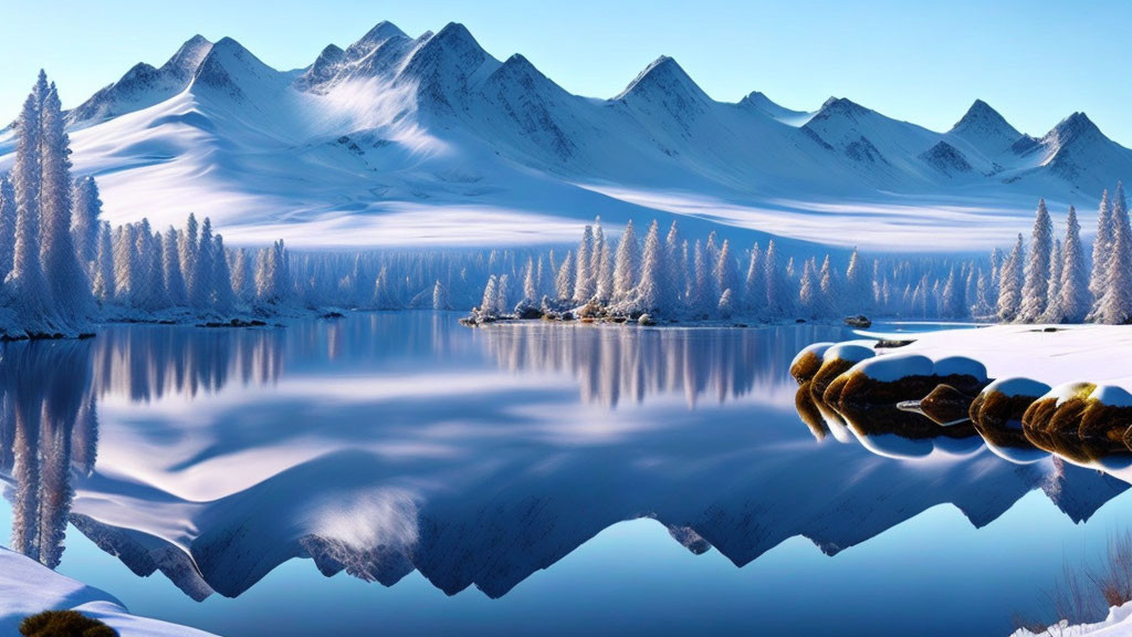 Snow-covered trees and mountain peaks reflected in a pristine lake in a serene winter landscape