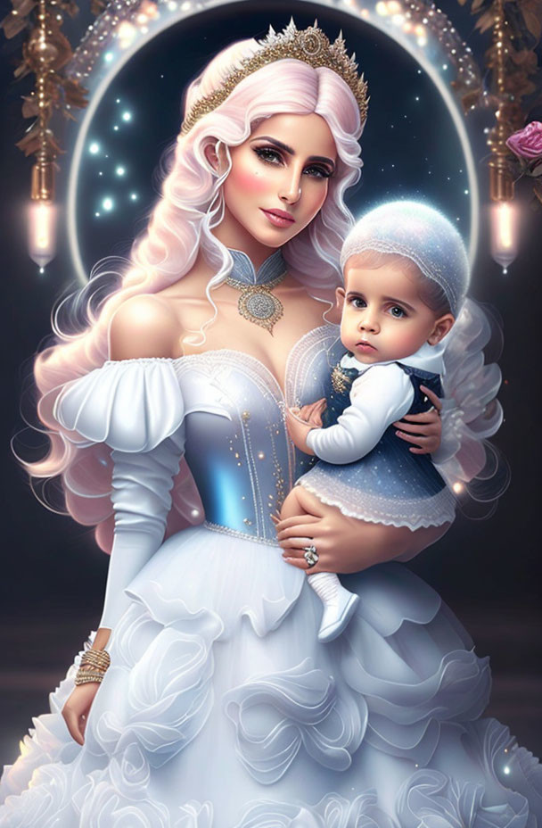 Woman in white and blue gown with baby in celestial setting