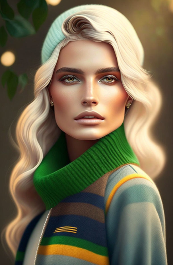 Blonde woman in green beanie and scarf against nature backdrop