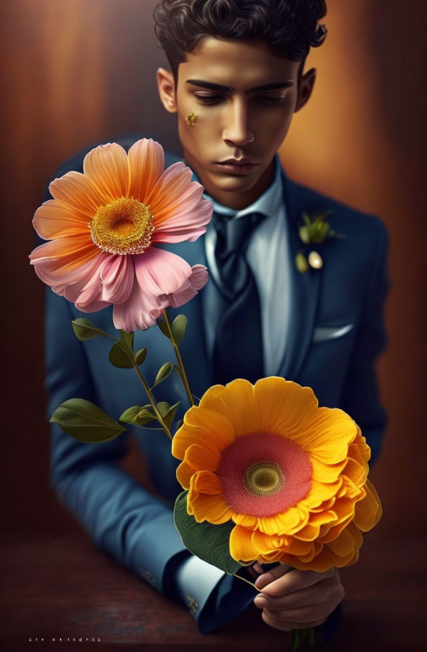 Stylized portrait of young man in blue suit with large orange flower against brown background