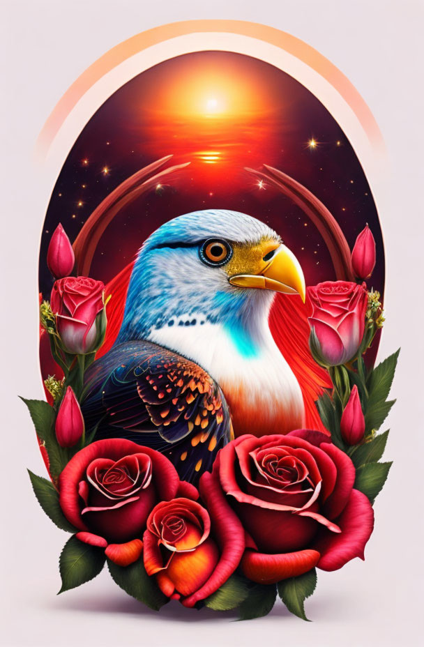 Colorful Eagle Illustration in Oval Frame with Roses and Sunset Background