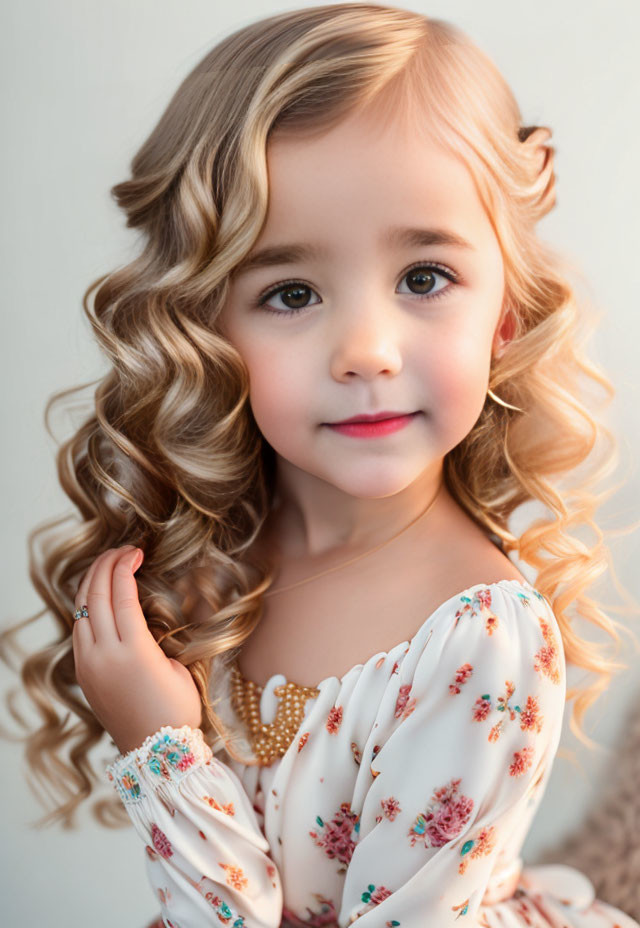 Young girl with curly hair, smiling in floral dress & pearl necklace