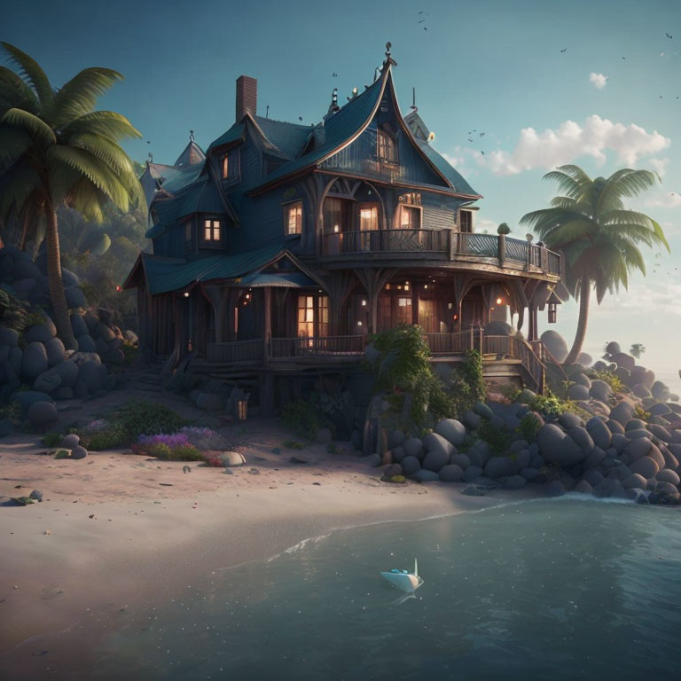 Victorian house on tranquil beach at dusk with palm trees and stingray