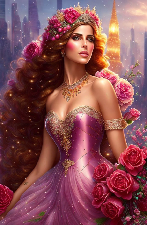 Illustrated woman in pink gown with flowing hair against cityscape at dusk