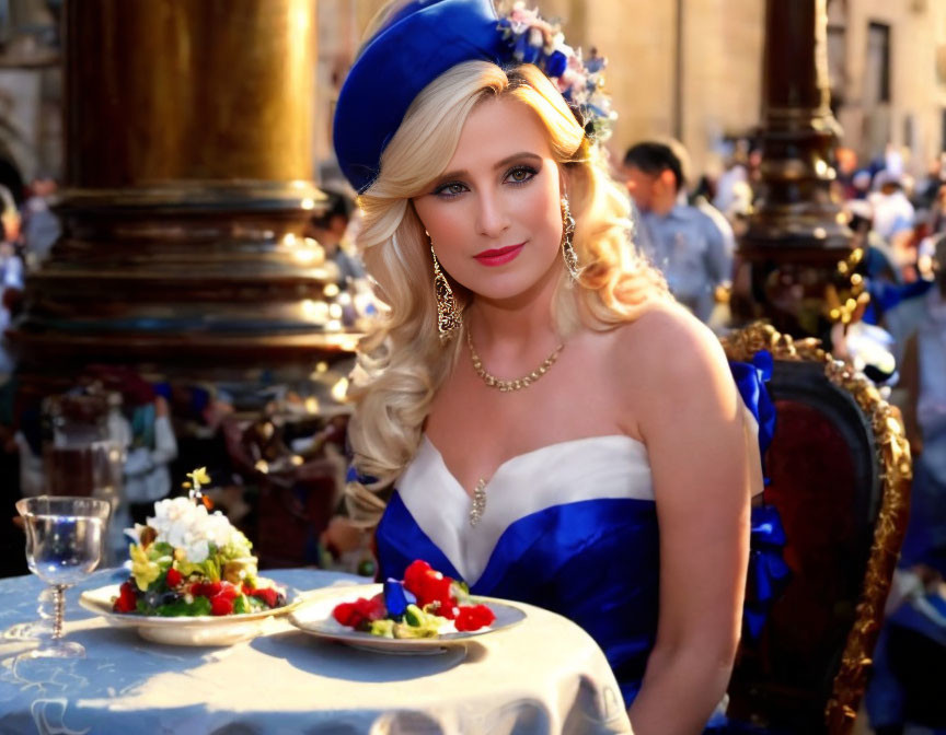 Blonde woman in blue dress at outdoor table with fruit plate