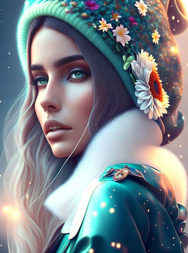 Digital artwork: Woman with blue eyes in green beanie and teal coat