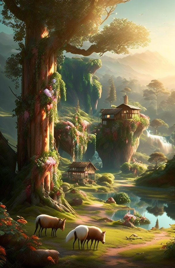 Majestic forest landscape with waterfalls, floating islands, and serene river