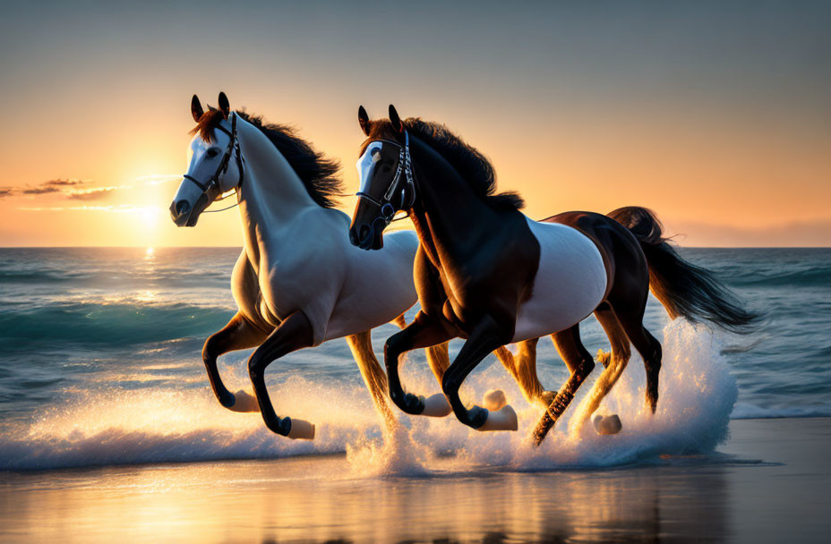 Two galloping horses on beach at sunset with splashing waves