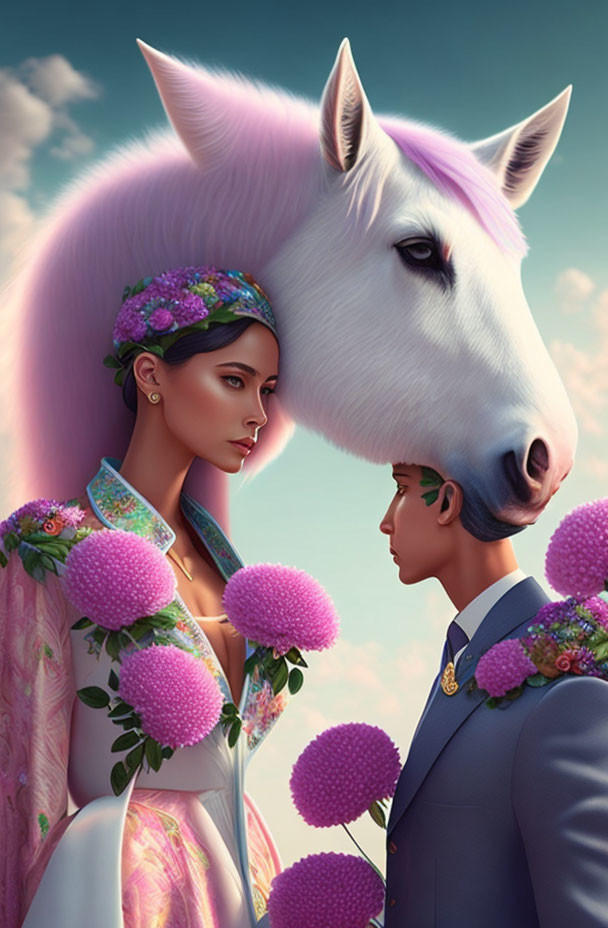 Fantastical portrait of woman, man, and unicorn under dreamy sky