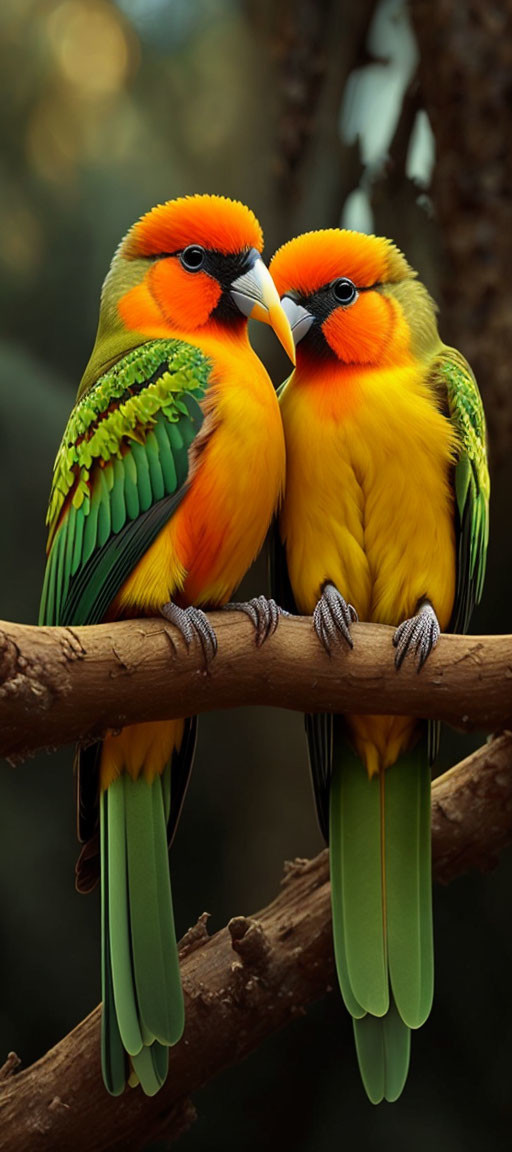 Vibrant orange and green birds touching beaks on branch in forest.