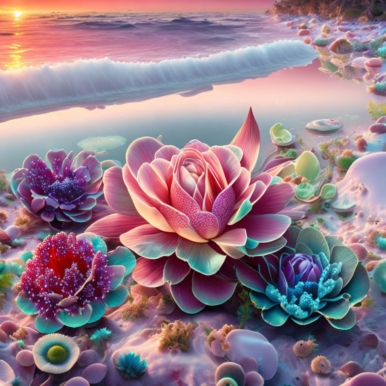 Colorful oversized lotus flowers in surreal fantasy landscape.