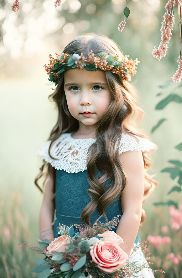 Young girl with long wavy hair in floral wreath and lace dress standing in sunlit field