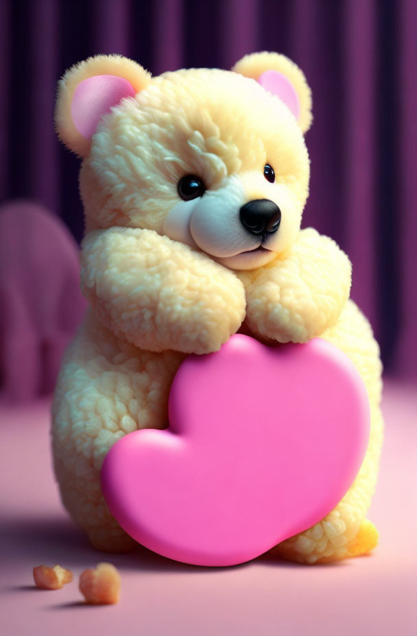 Beige plush teddy bear hugging pink heart on purple background