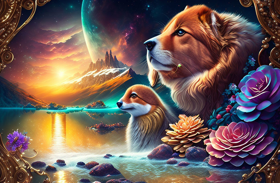 Colorful Fantasy Landscape with Stylized Dogs, Serene Lake, and Majestic Mountain