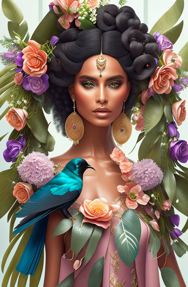 Illustrated woman with floral hair, bluebird, jewelry, and pink dress